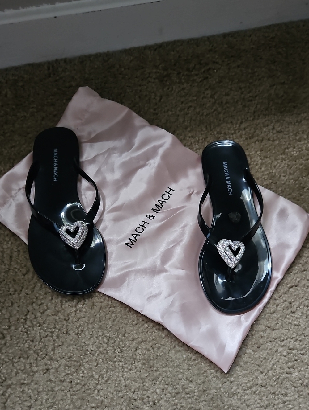 MACH & MACH Black Jelly Sandals with Crystal Heart Accents